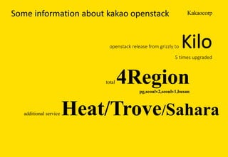 KakaocorpSome	information	about	kakao openstack
openstack release	from	grizzly	to		Kilo
5	times	upgraded
total 4Regionpg,seoulv2,seoulv1,busan
additional service Heat/Trove/Sahara
 