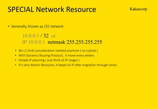 KakaocorpSPECIAL	Network	Resource
• Generally,	Known	as	/32	network.
• No	L2	(link)	consideration	needed	anymore	(	no	subnet	)	
• With	Dynamic	Routing	Protocol,		it	move	every	where.
• Simple	IP	planning	(	Just	think	of	IP	ranges	)
• It’s	very	Atomic	Resource,	it	keeps	its	IP	after	migration	through	zones
10.0.0.1 / 32 or
IP 10.0.0.1 netmask 255.255.255.255
 