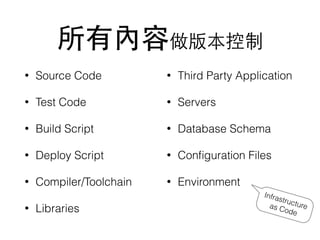 Ѓ汾
? Source Code
? Test Code
? Build Script
? Deploy Script
? Compiler/Toolchain
? Libraries
? Third Party Application
? Servers
? Database Schema
? Con?guration Files
? Environment
Infrastructureas Code
 