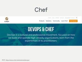 DevOps is…
A cultural and professional movement, focused on how we
build and operate high velocity organisations, born from the
experiences of its practitioners.
: https://www.chef.io/solutions/devops/
Chef
 