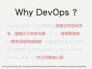 : http://mp.weixin.qq.com/s?__biz=MzA5NzU3Njc5Mw%3D%3D&mid=2651200907&idx=1&sn=862b2c1b0ca650361efd2a46add9b03a
Why DevOps ?
DevOps另外一个好处就是会改善公司 织文
化、提高 工的参与感。 工 变得更高效，
也更有 足和成就感； 查 示高效 工的雇
推荐值（eNPS:employee Net Promoter
Score）更高，即对公司更加 同。
 