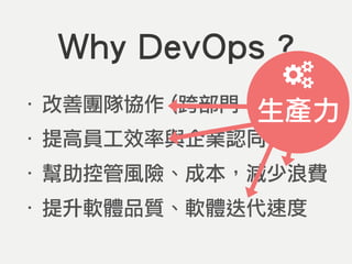 ‧ 改善團隊協作 (跨部門、跨職能)
‧ 提高員工效率與企業認同
‧ 幫助控管風險、成本，減少浪費
‧ 提升軟體品質、軟體迭代速度
Why DevOps ?
生產力
 