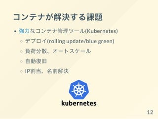 コンテナが解決する課題
強力なコンテナ管理ツール(Kubernetes)
デプロイ(rolling update/blue green)
負荷分散、オートスケール
自動復旧
IP割当、名前解決
12
 
