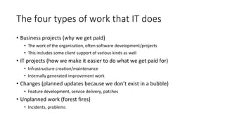 The four types of work that IT does
• Business projects (why we get paid)
• The work of the organization, often software development/projects
• This includes some client support of various kinds as well
• IT projects (how we make it easier to do what we get paid for)
• Infrastructure creation/maintenance
• Internally generated improvement work
• Changes (planned updates because we don’t exist in a bubble)
• Feature development, service delivery, patches
• Unplanned work (forest fires)
• Incidents, problems
 