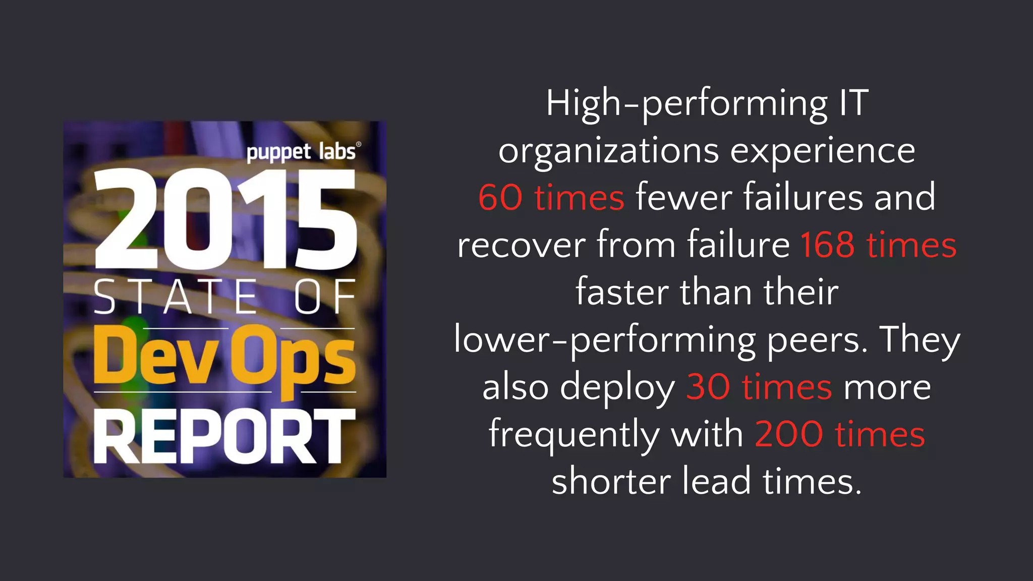 High-performing IT
organizations experience
60 times fewer failures and
recover from failure 168 times
faster than their
lower-performing peers. They
also deploy 30 times more
frequently with 200 times
shorter lead times.
 