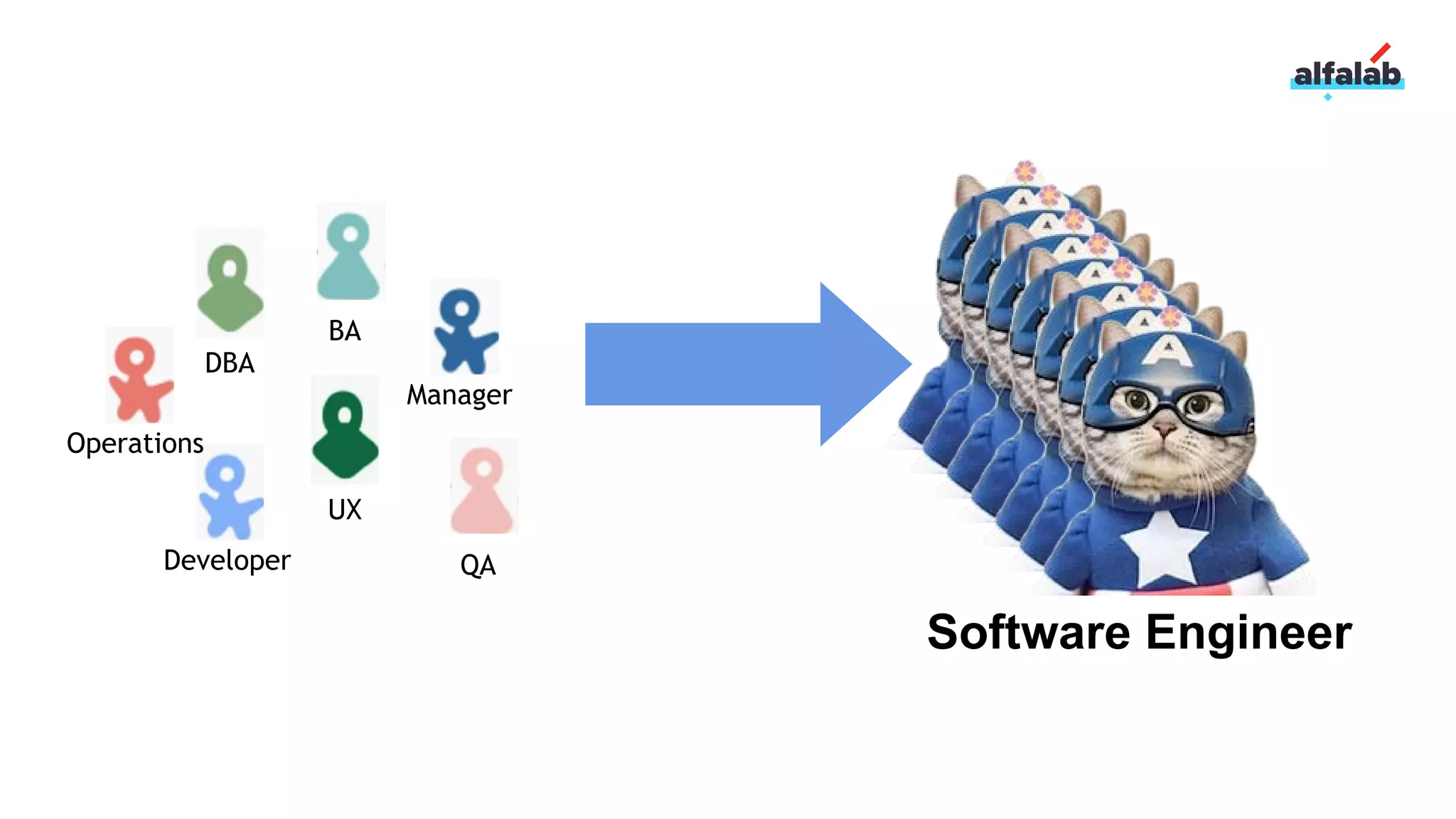 Manager
DBA
BA
UX
Developer QA
Operations
Software Engineer
 