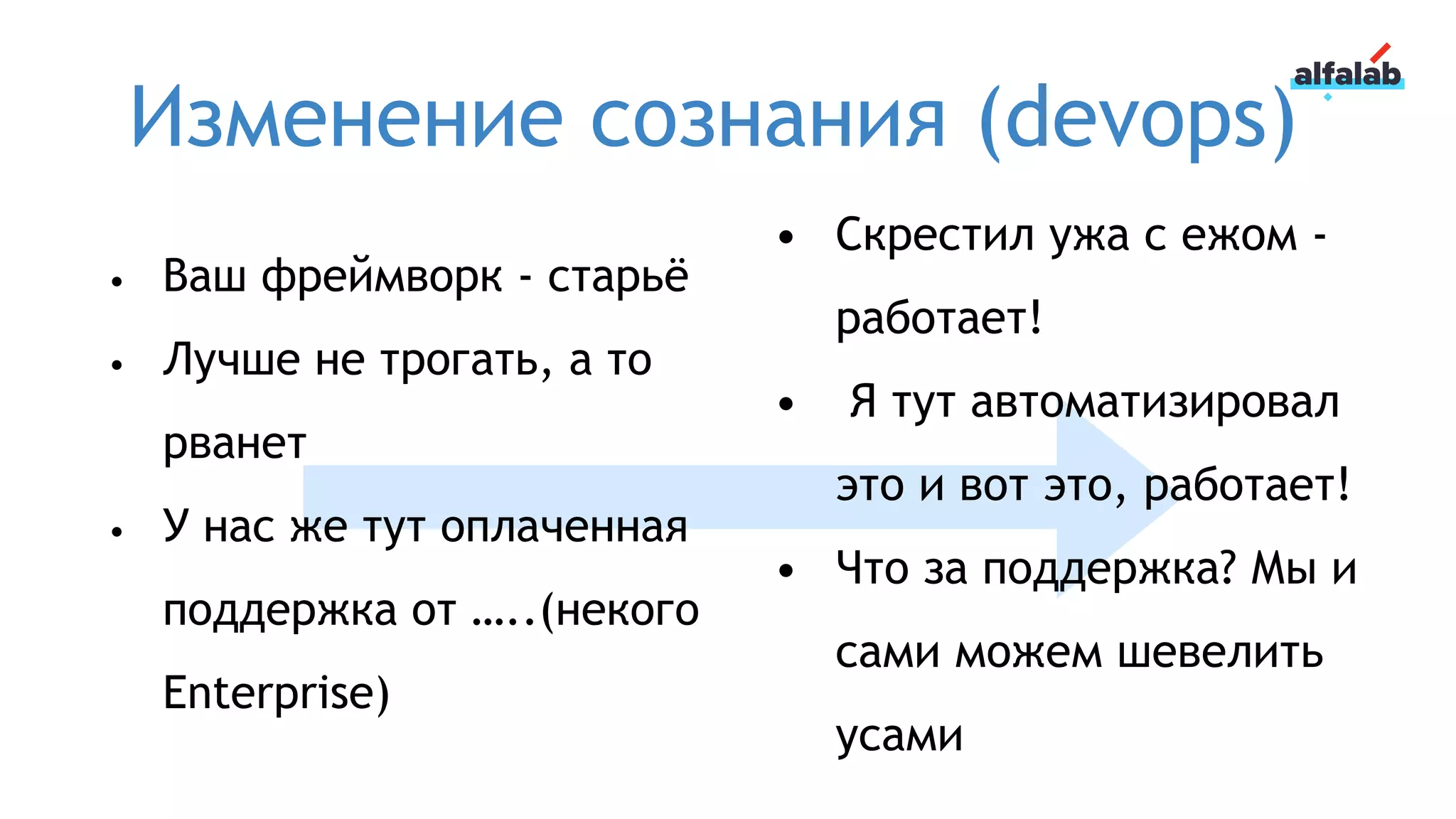 Изменение сознания (devops)
• Ваш фреймворк - старьё
• Лучше не трогать, а то
рванет
• У нас же тут оплаченная
поддержка от …..(некого
Enterprise)
• Скрестил ужа с ежом -
работает!
• Я тут автоматизировал
это и вот это, работает!
• Что за поддержка? Мы и
сами можем шевелить
усами
 