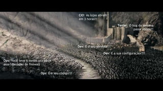 Ops: Você teve 6 meses pra pedir
essa liberação de firewall
Ops: É o seu código!!!
Dev: É o seu servidor!!!
Tester: O bug da semana
passa voltou!!
CIO: As lojas abrem
em 3 horas!!
Dev: É a sua configuraçãor!!!
 