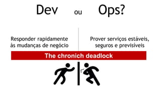 Responder rapidamente
às mudanças de negócio
Prover serviços estáveis,
seguros e previsíveis
Dev ou Ops?
The chronich deadlock
 