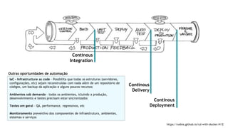 https://xebia.github.io/cd-with-docker/#/2
Continous
Integration
Continous
Deployment
Continous
Delivery
IaC – Infrastructure as code – Possbilita que todas as estruturas (servidores,
configurações, etc) sejam reconstruídas com nada além de um repositório de
códigos, um backup da aplicação e alguns poucos recursos
Ambientes sob demanda – todos os ambientes, icluindo a produção,
desenvolvimento e testes precisam estar sincronizados
Testes em geral – QA, performance, regressivos, etc
Monitoramento preventivo dos componentes de infraestrutura, ambientes,
sistemas e serviços
Outras oportunidades de automação
 