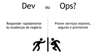 Responder rapidamente
às mudanças de negócio
Prover serviços estáveis,
seguros e previsíveis
Dev ou Ops?
 