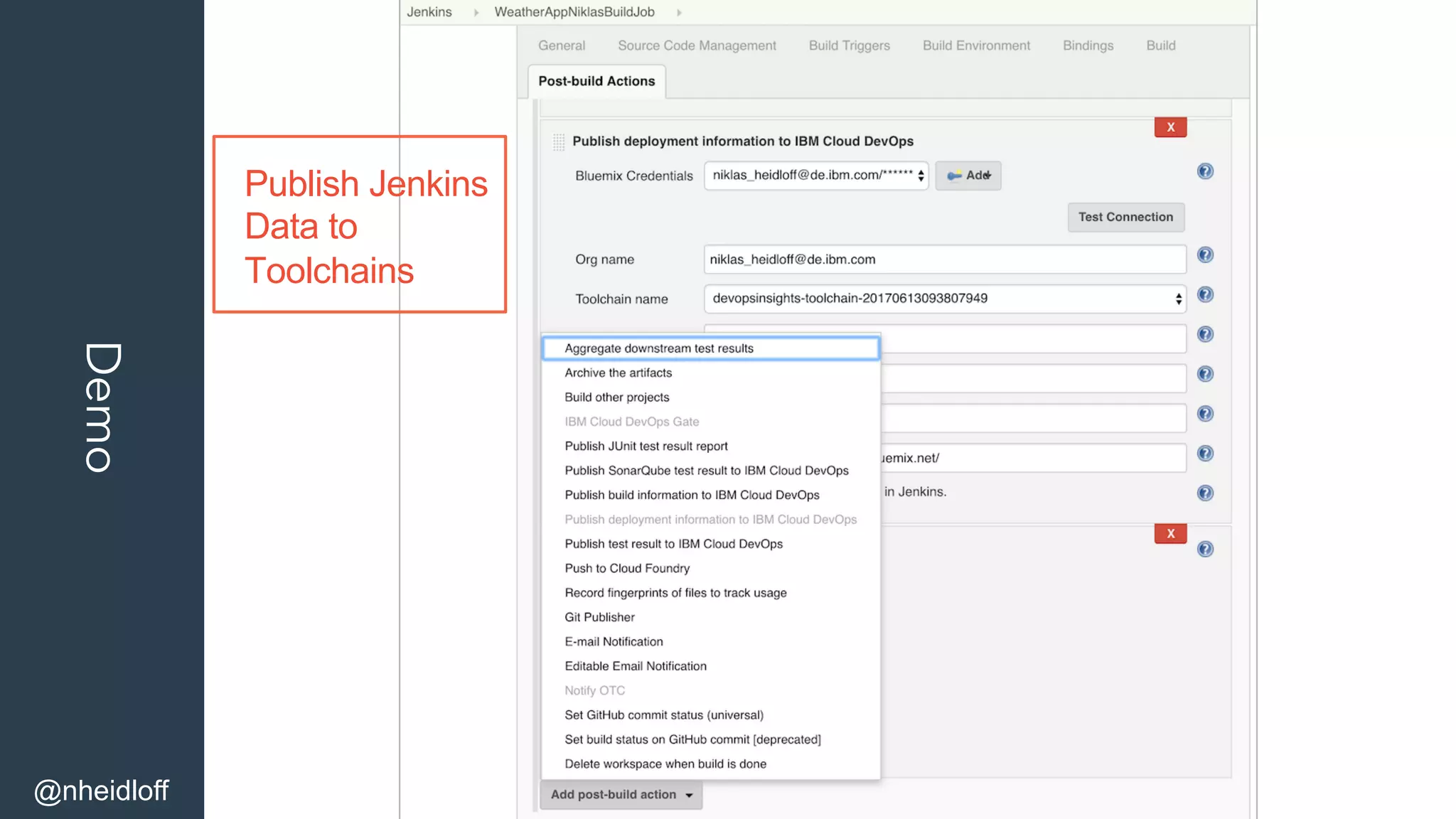 Demo
@nheidloff
Publish Jenkins
Data to
Toolchains
 