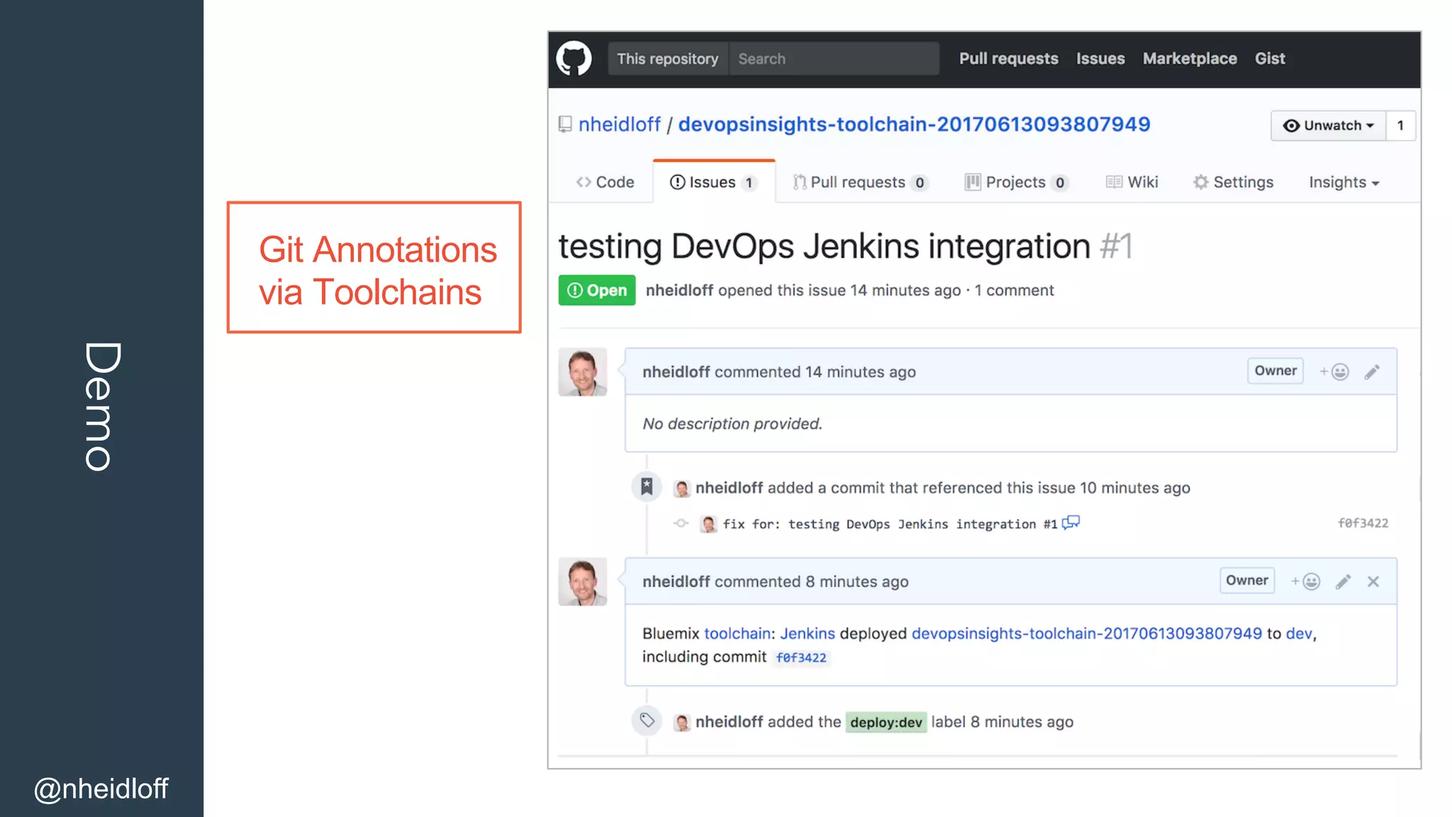 Demo
@nheidloff
Git Annotations
via Toolchains
 