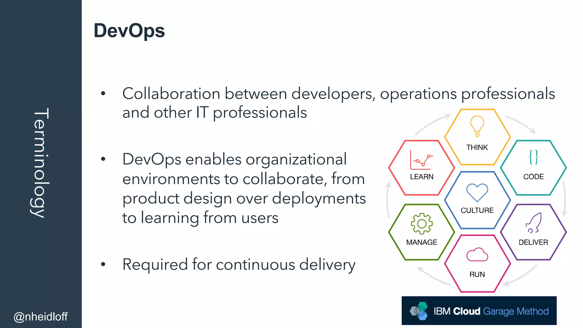 DevOpsTerminology
•  Collaboration between developers, operations professionals
and other IT professionals
•  DevOps enables organizational
environments to collaborate, from
product design over deployments
to learning from users
•  Required for continuous delivery
@nheidloff
 