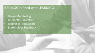 BACKLOG refined with LEARNING
• Usage Monitoring
• Telemetry Collection
• Testing in Production
• Stakeholder Feedback
 