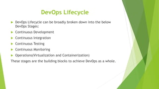 DevOps Lifecycle
 DevOps Lifecycle can be broadly broken down into the below
DevOps Stages:
 Continuous Development
 Continuous Integration
 Continuous Testing
 Continuous Monitoring
 Operations(Virtualization and Containerization)
These stages are the building blocks to achieve DevOps as a whole.
 