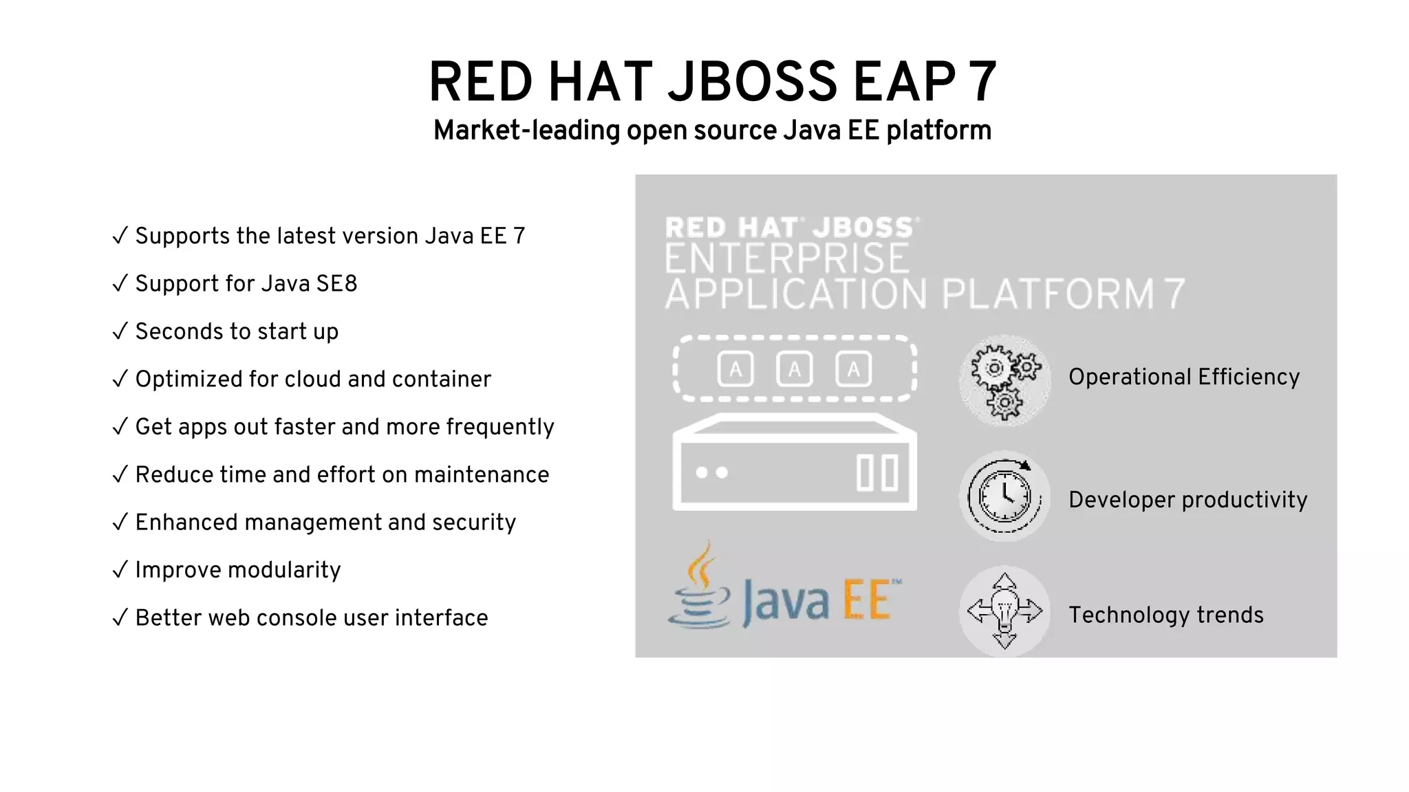 ✓ Supports the latest version Java EE 7
✓ Support for Java SE8
✓ Seconds to start up
✓ Optimized for cloud and container
✓ Get apps out faster and more frequently
✓ Reduce time and effort on maintenance
✓ Enhanced management and security
✓ Improve modularity
✓ Better web console user interface
RED HAT JBOSS EAP 7
Market-leading open source Java EE platform
Operational Efficiency
Developer productivity
Technology trends
 