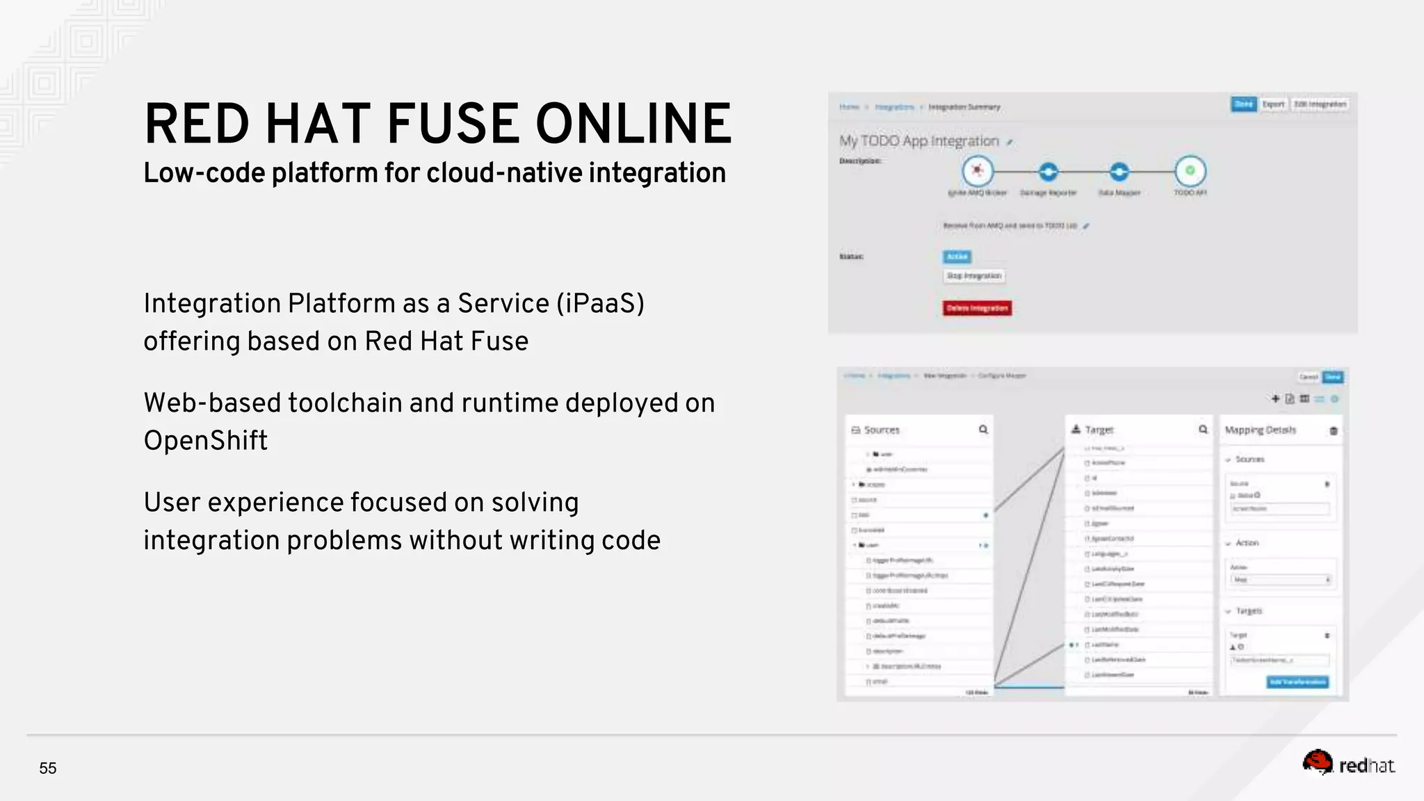 55
Integration Platform as a Service (iPaaS)
offering based on Red Hat Fuse
Web-based toolchain and runtime deployed on
OpenShift
User experience focused on solving
integration problems without writing code
RED HAT FUSE ONLINE
Low-code platform for cloud-native integration
 