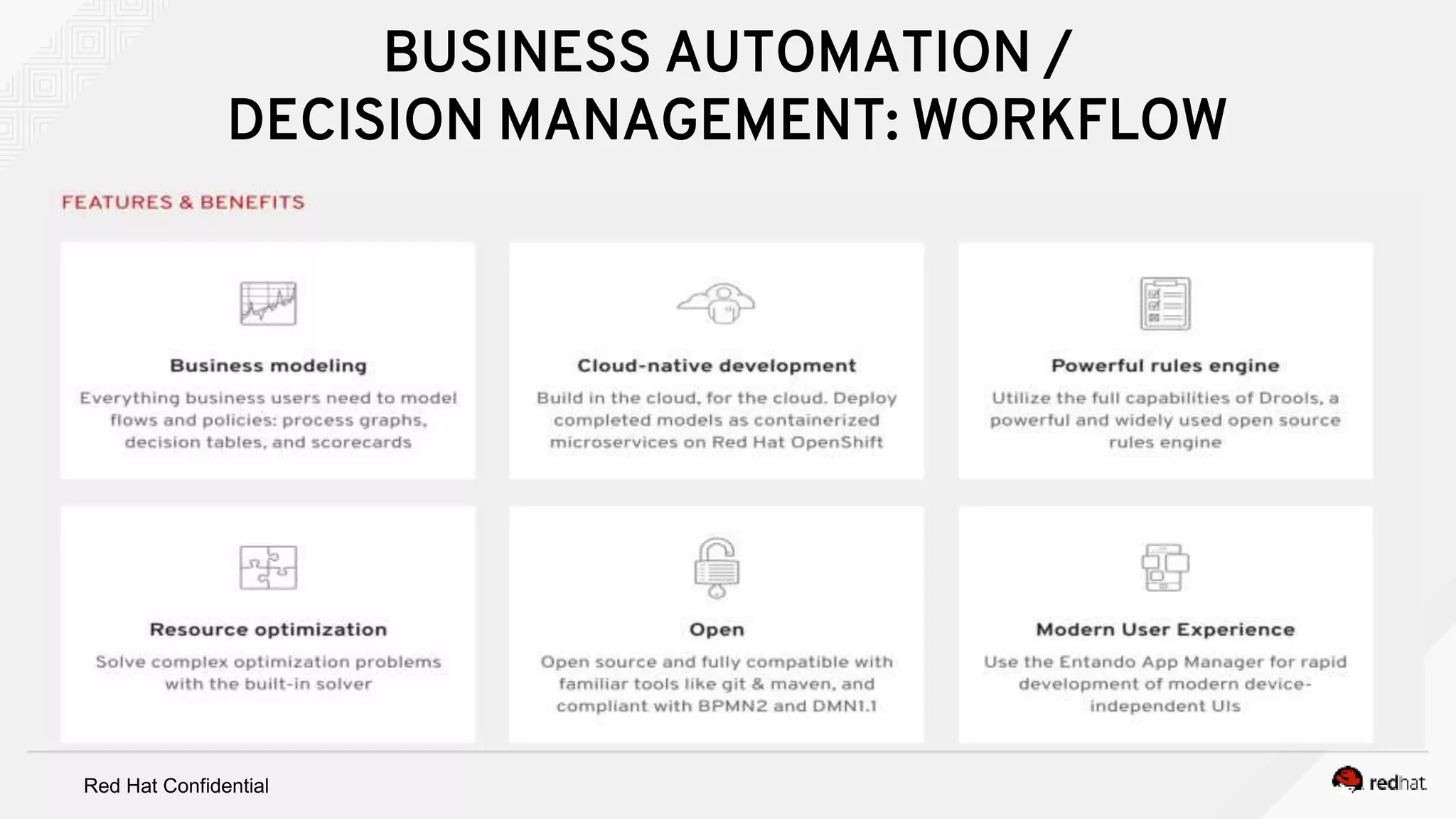 Red Hat Confidential
BUSINESS AUTOMATION /
DECISION MANAGEMENT: WORKFLOW
 