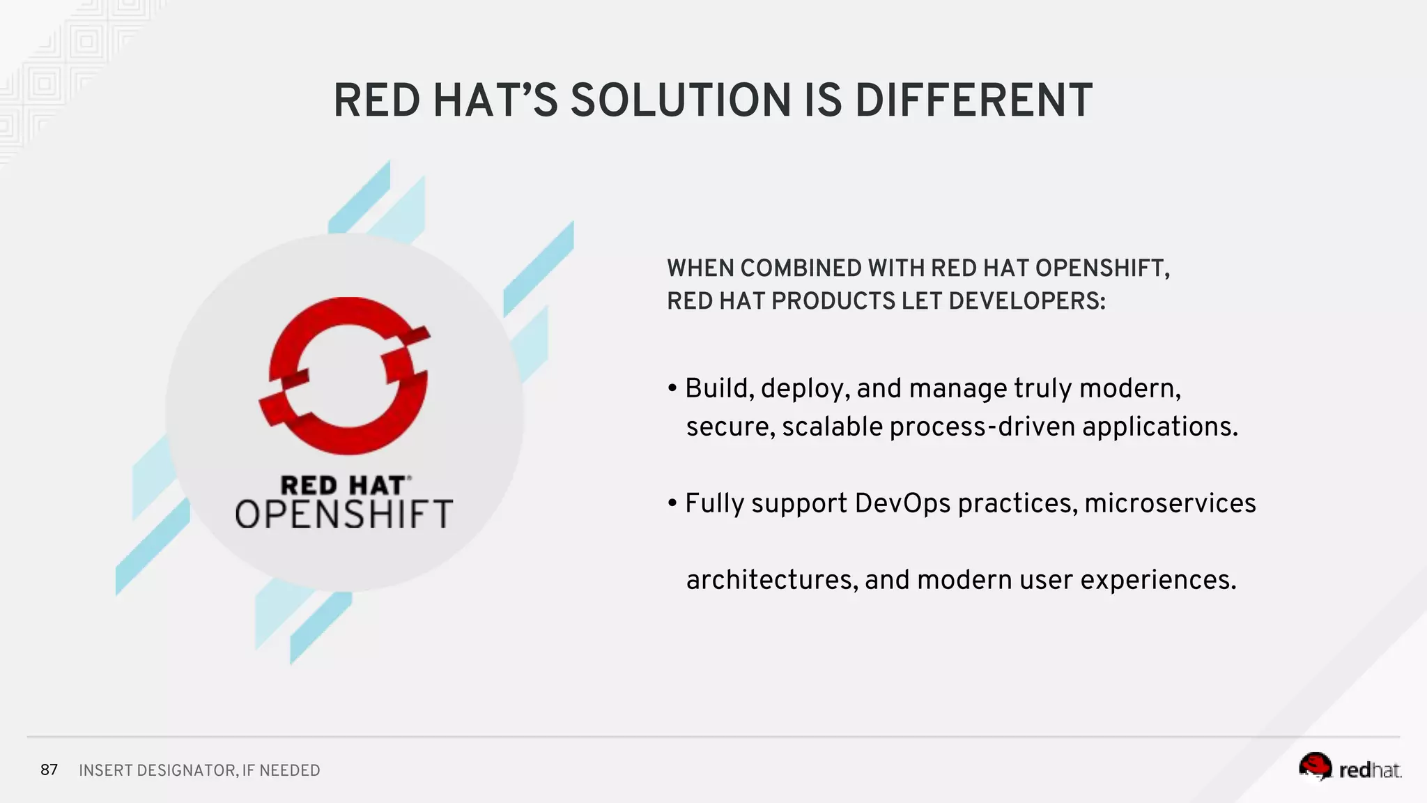 INSERT DESIGNATOR, IF NEEDED87
RED HAT’S SOLUTION IS DIFFERENT
WHEN COMBINED WITH RED HAT OPENSHIFT,
RED HAT PRODUCTS LET DEVELOPERS:
• Build, deploy, and manage truly modern,
secure, scalable process-driven applications.
• Fully support DevOps practices, microservices
architectures, and modern user experiences.
 