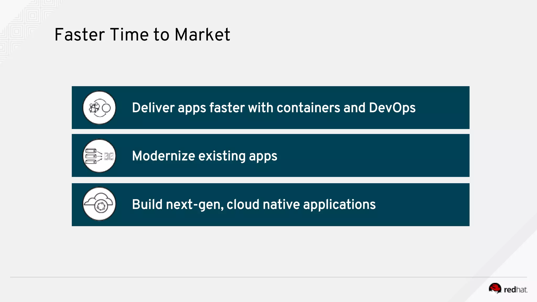 Faster Time to Market
Deliver apps faster with containers and DevOps
Modernize existing apps
Build next-gen, cloud native applications
 