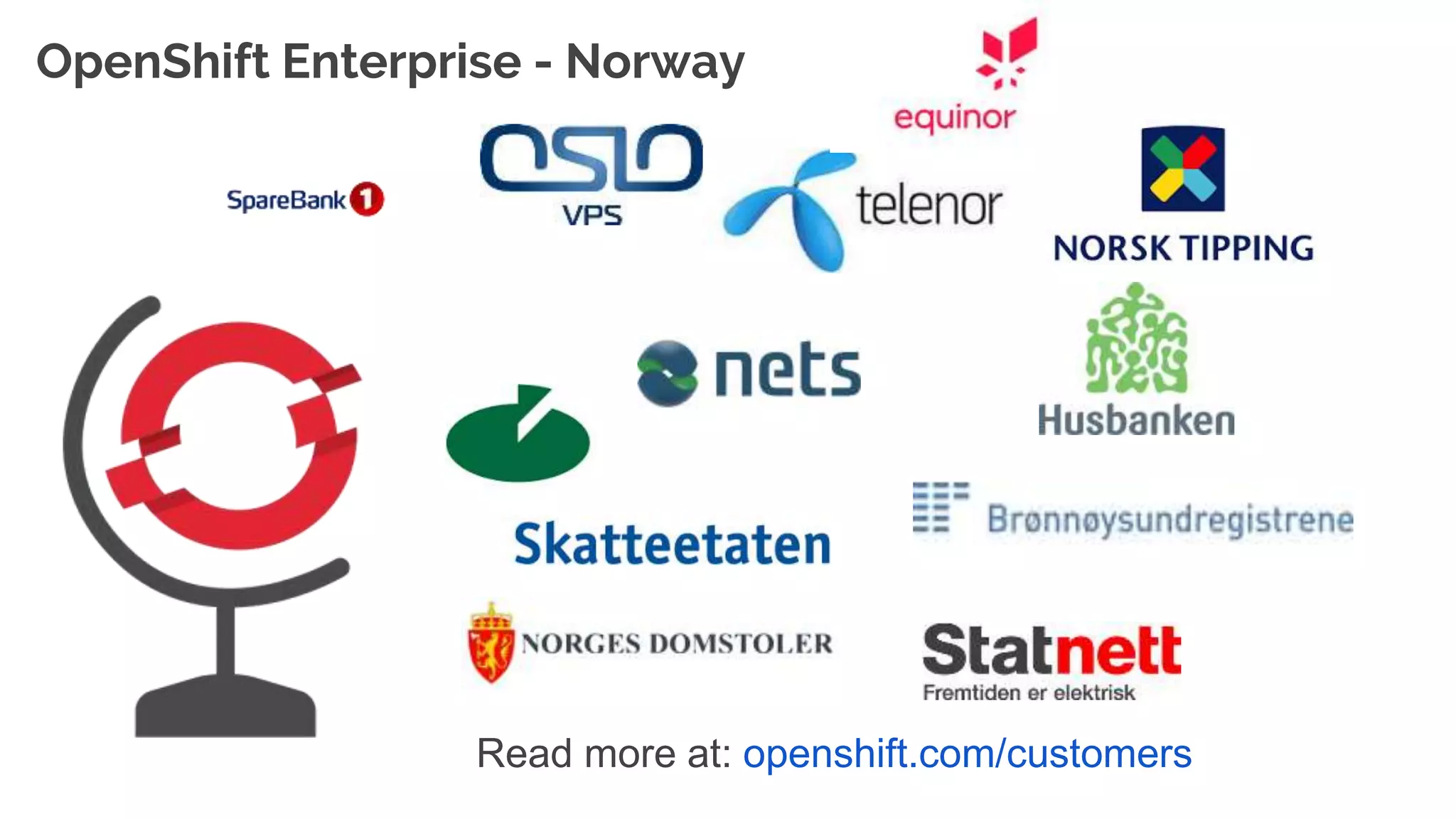 Read more at: openshift.com/customers
OpenShift Enterprise - Norway
 