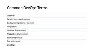 Common DevOps Terms
CI server
Development environment
Deployment pipeline / pipeline
Integration
Iterative development
Production environment
Source repository
Test automation
Unit tests
 
