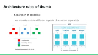 Architecture rules of thumb
- Separation of concerns:
we should consider diﬀerent aspects of a system separately.
 