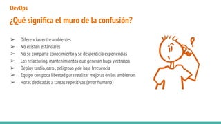 ¿Qué signiﬁca el muro de la confusión?
➢ Diferencias entre ambientes
➢ No existen estándares
➢ No se comparte conocimiento y se desperdicia experiencias
➢ Los refactoring,mantenimientos que generan bugs y retrasos
➢ Deploy tardío,caro ,peligroso y de baja frecuencia
➢ Equipo con poca libertad para realizar mejoras en los ambientes
➢ Horas dedicadas a tareas repetitivas (error humano)
DevOps
 