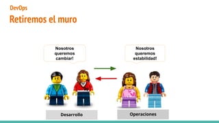 Retiremos el muro
Desarrollo Operaciones
Nosotros
queremos
cambiar!
Nosotros
queremos
estabilidad!
DevOps
 