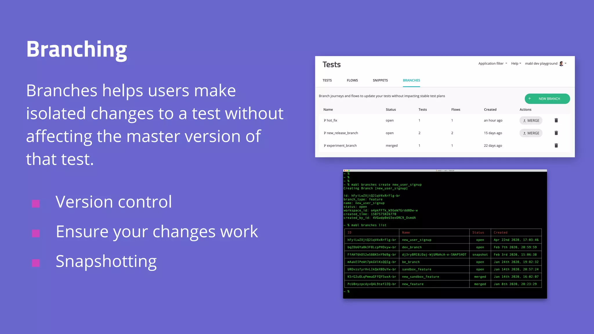 Branching Branches helps users make isolated changes to a test without aﬀecting the master version of that test. ■ Version control ■ Ensure your changes work ■ Snapshotting 