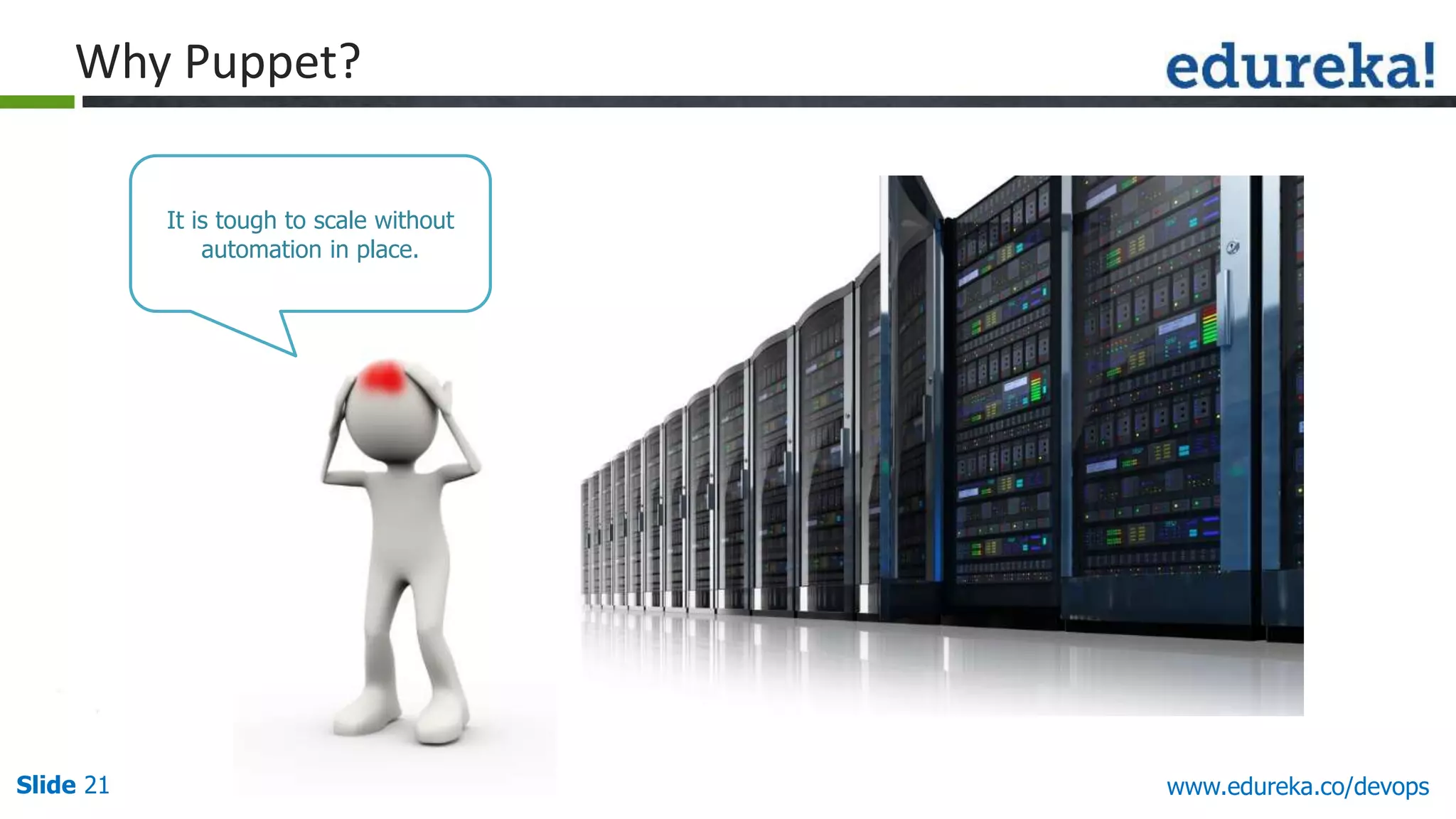 Slide 21 www.edureka.co/devops
Why Puppet?
It is tough to scale without
automation in place.
 