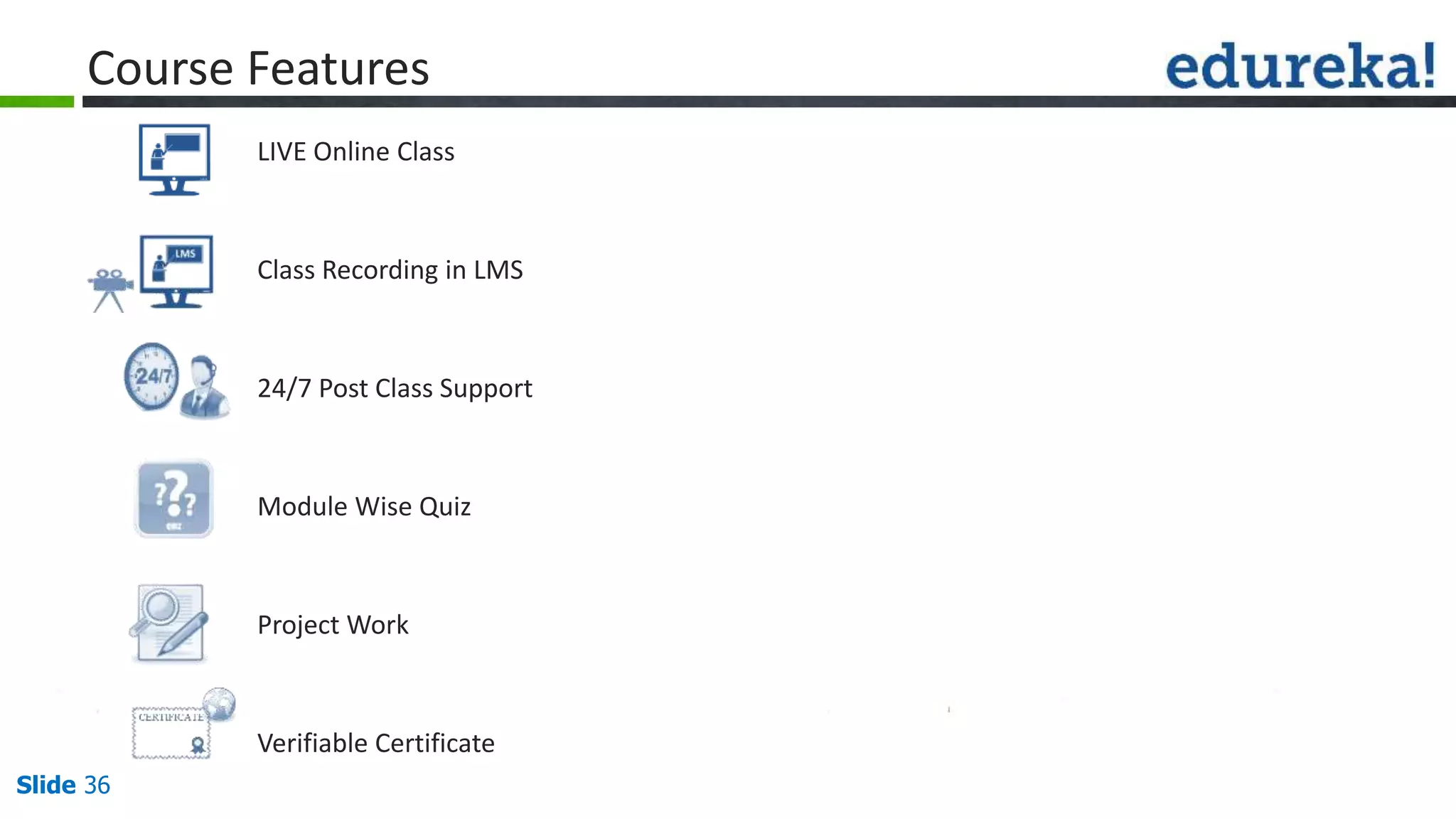 Slide 36 www.edureka.co/apache-spark-scala-training
LIVE Online Class
Class Recording in LMS
24/7 Post Class Support
Module Wise Quiz
Project Work
Verifiable Certificate
Course Features
 