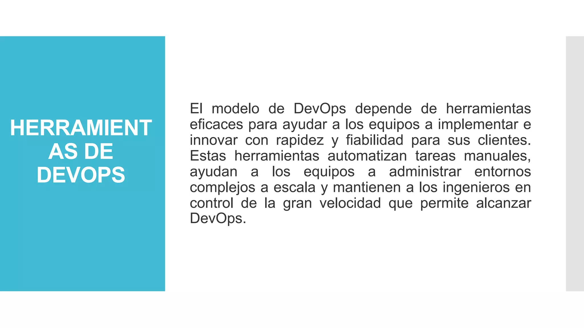 HERRAMIENT
AS DE
DEVOPS
El modelo de DevOps depende de herramientas
eficaces para ayudar a los equipos a implementar e
innovar con rapidez y fiabilidad para sus clientes.
Estas herramientas automatizan tareas manuales,
ayudan a los equipos a administrar entornos
complejos a escala y mantienen a los ingenieros en
control de la gran velocidad que permite alcanzar
DevOps.
 