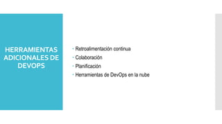 HERRAMIENTAS
ADICIONALES DE
DEVOPS
 Retroalimentación continua
 Colaboración
 Planificación
 Herramientas de DevOps en la nube
 