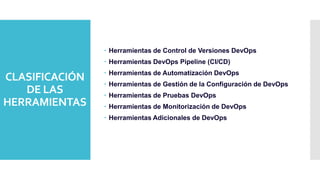 CLASIFICACIÓN
DE LAS
HERRAMIENTAS
 Herramientas de Control de Versiones DevOps
 Herramientas DevOps Pipeline (CI/CD)
 Herramientas de Automatización DevOps
 Herramientas de Gestión de la Configuración de DevOps
 Herramientas de Pruebas DevOps
 Herramientas de Monitorización de DevOps
 Herramientas Adicionales de DevOps
 