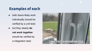 Examples of each
● both doors likely work
individually (would be
verified by a unit test)
● but they clearly do
not work together
(would be verified by
a integration test)
 
