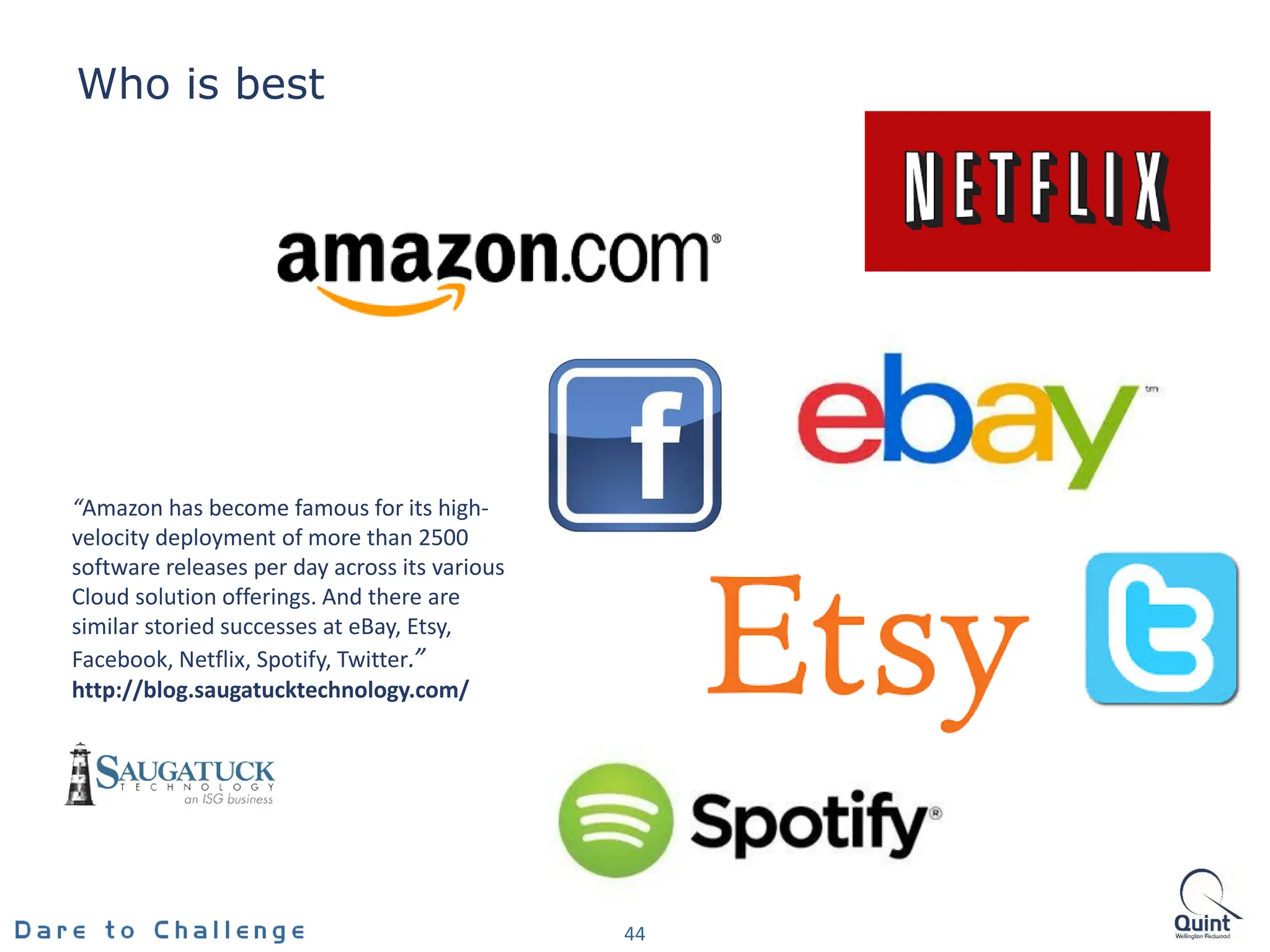 Who is best
44
“Amazon has become famous for its high-
velocity deployment of more than 2500
software releases per day across its various
Cloud solution offerings. And there are
similar storied successes at eBay, Etsy,
Facebook, Netflix, Spotify, Twitter.”
http://blog.saugatucktechnology.com/
 