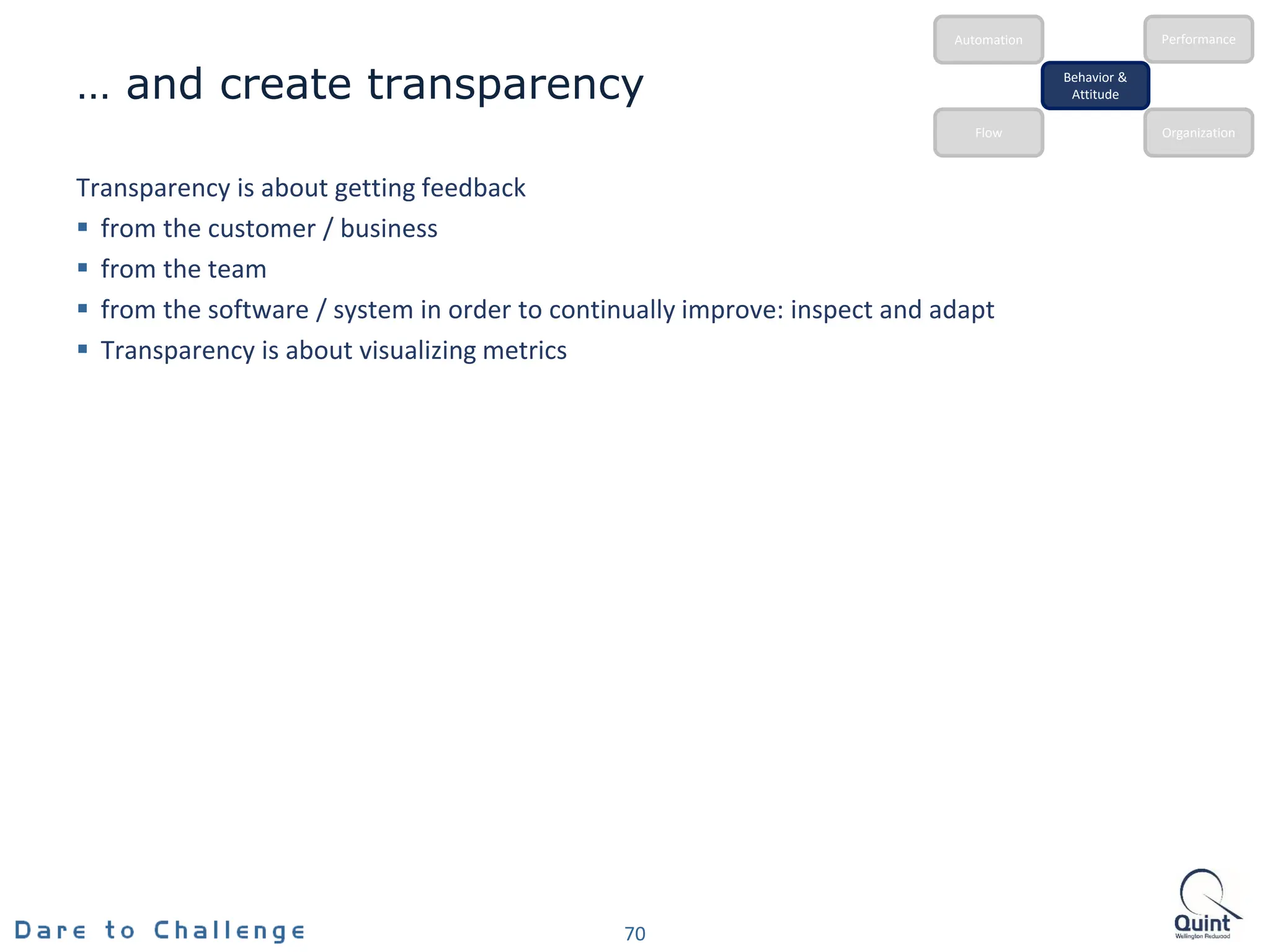 … and create transparency
Transparency is about getting feedback
 from the customer / business
 from the team
 from the software / system in order to continually improve: inspect and adapt
 Transparency is about visualizing metrics
70
Behavior &
Attitude
Automation
Flow Organization
Performance
 