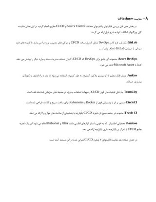 8
-
‫مقایسه‬
Platform
‫ها‬
‫مختلف‬ ‫پلتفرمهای‬ ‫قابلیتهای‬ ‫بررسی‬ ‫قبل‬ ‫های‬ ‫بخش‬ ‫در‬
Source Control
‫و‬
CI/CD
‫مقایسه‬ ‫بخش‬ ‫این‬ ‫در‬ ‫گردید‬ ‫انجام‬ ،‫مطرح‬
:‫گردد‬ ‫می‬ ‫ارائه‬ ‫ذیل‬ ‫شرح‬ ‫به‬ ‫آنها‬ ‫امکانات‬ ‫و‬ ‫ویژگیها‬ ‫کلی‬
GitLab
‫کامل‬ ‫فرم‬ ‫پلت‬ ‫یک‬ :
DevOps
،‫نسخه‬ ‫کنترل‬ ‫شامل‬
CI/CD
‫خود‬ ‫های‬ ‫گزینه‬ ‫با‬ .‫باشد‬ ‫می‬ ‫را‬ ‫پروژه‬ ‫مدیریت‬ ‫های‬ ‫ویژگی‬ ‫و‬
‫میزبانی‬ ‫یا‬ ‫میزبانی‬
GitLab
.‫است‬ ‫پذیر‬ ‫انعطاف‬
Azure DevOps
‫برای‬ ‫جامع‬ ‫ای‬ ‫مجموعه‬ :
DevOps
‫که‬
CI/CD
.‫دهد‬ ‫می‬ ‫پوشش‬ ‫را‬ ‫دیگر‬ ‫موارد‬ ‫و‬ ‫بسته‬ ‫مدیریت‬ ،‫نسخه‬ ‫کنترل‬ ،
‫با‬ ‫کامًال‬
Microsoft Azure
.‫شود‬ ‫می‬ ‫ادغام‬
Jenkins
:
‫نگهداری‬ ‫و‬ ‫اندازی‬ ‫راه‬ ‫به‬ ‫نیاز‬ ‫اما‬ ‫شود‬ ‫می‬ ‫استفاده‬ ‫گسترده‬ ‫طور‬ ‫به‬ .‫گسترده‬ ‫پالگین‬ ‫اکوسیستم‬ ‫با‬ ‫تنظیم‬ ‫قابل‬ ‫بسیار‬
.‫میباشد‬ ‫بیشتری‬
TeamCity
‫قوی‬ ‫های‬ ‫قابلیت‬ ‫دلیل‬ ‫به‬ :
CI/CD
.‫است‬ ‫شده‬ ‫شناخته‬ ‫سازمانی‬ ‫های‬ ‫محیط‬ ‫در‬ ‫ویژه‬ ‫به‬ ،‫استفاده‬ ‫سهولت‬ ‫و‬
CircleCI
‫از‬ ‫قوی‬ ‫پشتیبانی‬ ‫با‬ ‫ابر‬ ‫بر‬ ‫مبتنی‬ :
Docker
‫و‬
Kubernetes
.‫است‬ ‫شده‬ ‫طراحی‬ ‫کارآمد‬ ‫و‬ ‫سریع‬ ‫ساخت‬ ‫برای‬ .
Travis CI
‫تجربه‬ ،‫باز‬ ‫منبع‬ ‫جامعه‬ ‫در‬ ‫محبوب‬ :
CI/CD
.‫دهد‬ ‫می‬ ‫ارائه‬ ‫را‬ ‫موازی‬ ‫های‬ ‫ساخت‬ ‫از‬ ‫پشتیبانی‬ ‫با‬ ‫یکپارچه‬
Bamboo
‫مانند‬ ‫اطلسی‬ ‫ابزارهای‬ ‫سایر‬ ‫با‬ ‫خوبی‬ ‫به‬ ‫که‬ ‫اطلسیان‬ ‫محصولی‬ :
JIRA
‫و‬
Bitbucket
‫تجربه‬ ‫یک‬ ‫این‬ .‫شود‬ ‫می‬ ‫ادغام‬
‫جامع‬
CI/CD
.‫دهد‬ ‫می‬ ‫ارائه‬ ‫یکپارچه‬ ‫سازی‬ ‫یکپارچه‬ ‫بر‬ ‫تمرکز‬ ‫با‬
‫قابلیتهای‬ ‫مقایسه‬ ‫بعد‬ ‫صفحه‬ ‫جدول‬ ‫در‬
7
‫پلتفرم‬
CI/CD
:‫است‬ ‫آمده‬ ‫مستند‬ ‫این‬ ‫در‬ ‫شده‬ ‫معرفی‬
 