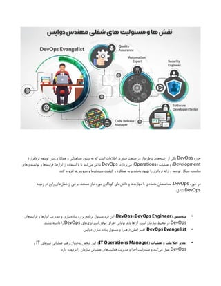 ‫حوزه‬
DevOps
( ‫‌افزار‬
‫م‬‫نر‬ ‫توسعه‬ ‫بین‬ ‫همکاری‬ ‫و‬ ‫هماهنگی‬ ‫بهبود‬ ‫به‬ ‫که‬ ‫است‬ ‫اطالعات‬ ‫فناوری‬ ‫صنعت‬ ‫در‬ ‫پرطرفدار‬ ‫‌های‬
‫ه‬‫رشت‬ ‫از‬ ‫یکی‬
Development
( ‫عملیات‬ ‫و‬ )
Operations
.‫‌پردازد‬
‫ی‬‫م‬ )
DevOps
‫‌های‬
‫ی‬‫توانمند‬ ‫و‬ ‫فرایندها‬ ،‫ابزارها‬ ‫از‬ ‫استفاده‬ ‫با‬ ‫تا‬ ‫‌کند‬
‫ی‬‫م‬ ‫تالش‬
.‫کند‬ ‫افزوده‬ ‫‌ها‬
‫س‬‫سروی‬ ‫و‬ ‫‌ها‬
‫م‬‫سیست‬ ‫کیفیت‬ ‫و‬ ‫عملکرد‬ ‫به‬ ‫و‬ ‫بخشد‬ ‫بهبود‬ ‫را‬ ‫‌افزار‬
‫م‬‫نر‬ ‫ارائه‬ ‫و‬ ‫توسعه‬ ‫سیکل‬ ،‫مناسب‬
‫حوزه‬ ‫در‬
DevOps
‫زمینه‬ ‫در‬ ‫رایج‬ ‫‌های‬
‫ل‬‫شغ‬ ‫از‬ ‫برخی‬ .‫هستند‬ ‫نیاز‬ ‫مورد‬ ‫گوناگون‬ ‫‌های‬
‫ش‬‫دان‬ ‫و‬ ‫‌ها‬
‫ت‬‫مهار‬ ‫با‬ ‫متعددی‬ ‫متخصصان‬ ،
DevOps
:‫شامل‬
•
‫متخصص‬
( )
DevOps DevOps Engineer
‫فرایندهای‬ ‫و‬ ‫ابزارها‬ ‫مدیریت‬ ‫و‬ ‫‌سازی‬
‫ه‬‫پیاد‬ ،‫‌ریزی‬
‫ه‬‫برنام‬ ‫مسئول‬ ‫فرد‬ ‫این‬ :
DevOps
‫‌های‬
‫ی‬‫استراتژ‬ ‫موفق‬ ‫اجرای‬ ‫توانایی‬ ‫باید‬ ‫‌ها‬
‫ن‬‫آ‬ .‫است‬ ‫سازمان‬ ‫محیط‬ ‫در‬
DevOps
.‫باشند‬ ‫داشته‬ ‫را‬
•
DevOps Evangelist
.‫دواپس‬ ‫سازی‬ ‫پیاده‬ ‫مسئول‬ ‫و‬ )‫(رهبر‬ ‫اصلی‬ ‫افسر‬ :
•
( ‫عملیات‬ ‫و‬ ‫اطالعات‬ ‫مدیر‬
IT Operations Manager
)
‫‌های‬
‫م‬‫تی‬ ‫عملیاتی‬ ‫رهبر‬ ‫‌عنوان‬
‫ه‬‫ب‬ ‫شخص‬ ‫این‬ :
IT
‫و‬
DevOps
.‫دارد‬ ‫برعهده‬ ‫را‬ ‫سازمان‬ ‫عملیاتی‬ ‫‌های‬
‫ت‬‫فعالی‬ ‫مدیریت‬ ‫و‬ ‫اجرا‬ ‫مسئولیت‬ ‫و‬ ‫‌کند‬
‫ی‬‫م‬ ‫عمل‬
 
