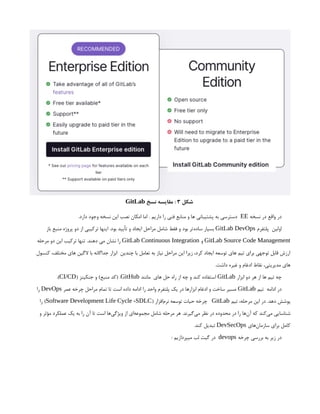 ‫شکل‬
3
‫نسخ‬ ‫مقایسه‬ :
GitLab
‫نسخه‬ ‫در‬ ‫واقع‬ ‫در‬
EE
.‫دارد‬ ‫وجود‬ ‫نسخه‬ ‫این‬ ‫نصب‬ ‫امکان‬ ‫اما‬ . ‫داریم‬ ‫را‬ ‫فنی‬ ‫منابع‬ ‫و‬ ‫ها‬ ‫پشتیبانی‬ ‫به‬ ‫دسترسی‬
‫پلتفرم‬ ‫اولین‬
GitLab DevOps
‫باز‬ ‫منبع‬ ‫پروژه‬ ‫دو‬ ‫از‬ ‫ترکیبی‬ ‫اینها‬ .‫بود‬ ‫تأیید‬ ‫و‬ ‫ایجاد‬ ‫مراحل‬ ‫شامل‬ ‫فقط‬ ‫و‬ ‫بود‬ ‫‌تر‬
‫ه‬‫ساد‬ ‫بسیار‬
GitLab Source Code Management
‫و‬
GitLab Continuous Integration
‫مرحله‬ ‫دو‬ ‫این‬ ‫ترکیب‬ ‫تنها‬ .‫دهند‬ ‫می‬ ‫نشان‬ ‫را‬
‫کنسول‬ ،‫مختلف‬ ‫های‬ ‫الگین‬ ‫با‬ ‫جداگانه‬ ‫ابزار‬ ‫چندین‬ ‫با‬ ‫تعامل‬ ‫به‬ ‫نیاز‬ ‫مراحل‬ ‫این‬ ‫زیرا‬ ،‫کرد‬ ‫ایجاد‬ ‫توسعه‬ ‫های‬ ‫تیم‬ ‫برای‬ ‫توجهی‬ ‫قابل‬ ‫ارزش‬
.‫داشت‬ ‫غیره‬ ‫و‬ ‫ادغام‬ ‫نقاط‬ ،‫مدیریتی‬ ‫های‬
‫ابزار‬ ‫دو‬ ‫هر‬ ‫از‬ ‫ها‬ ‫تیم‬ ‫چه‬
GitLab
‫مانند‬ ‫های‬ ‫حل‬ ‫راه‬ ‫از‬ ‫چه‬ ‫و‬ ‫کند‬ ‫استفاده‬
GitHub
( ‫جنکینز‬ ‫و‬ )‫منبع‬ ‫(کد‬ .
CI/CD
.)
‫تیم‬ ‫ادامه‬ ‫در‬
GitLab
‫عمر‬ ‫چرخه‬ ‫مراحل‬ ‫تمام‬ ‫تا‬ ‫است‬ ‫داده‬ ‫ادامه‬ ‫را‬ ‫واحد‬ ‫پلتفرم‬ ‫یک‬ ‫در‬ ‫ابزارها‬ ‫ادغام‬ ‫و‬ ‫ساخت‬ ‫مسیر‬
DevOps
‫را‬
‫تیم‬ ،‫مرحله‬ ‫این‬ ‫در‬ .‫دهد‬ ‫پوشش‬
GitLab
( ‫‌افزار‬
‫م‬‫نر‬ ‫توسعه‬ ‫حیات‬ ‫چرخه‬
Software Development Life Cycle -SDLC
‫را‬ )
‫و‬ ‫مؤثر‬ ‫عملکرد‬ ‫یک‬ ‫به‬ ‫را‬ ‫آن‬ ‫تا‬ ‫است‬ ‫‌ها‬
‫ی‬‫ویژگ‬ ‫از‬ ‫‌ای‬
‫ه‬‫مجموع‬ ‫شامل‬ ‫مرحله‬ ‫هر‬ .‫‌گیرند‬
‫ی‬‫م‬ ‫نظر‬ ‫در‬ ‫محدوده‬ ‫در‬ ‫را‬ ‫‌ها‬
‫ن‬‫آ‬ ‫که‬ ‫‌کند‬
‫ی‬‫م‬ ‫شناسایی‬
‫‌های‬
‫ن‬‫سازما‬ ‫برای‬ ‫کامل‬
DevSecOps
.‫کند‬ ‫تبدیل‬
‫چرخه‬ ‫بررسی‬ ‫به‬ ‫زیر‬ ‫در‬
devops
: ‫میپردازیم‬ ‫لب‬ ‫گیت‬ ‫در‬
 