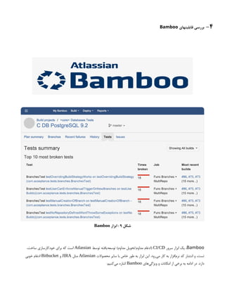 4
-
‫قابلیتهای‬ ‫بررسی‬
Bamboo
‫شکل‬
9
‫ابزار‬ :
Bamboo
Bamboo
‫سرور‬ ‫ابزار‬ ‫یک‬ ،
CI/CD
‫توسط‬ ‫‌یافته‬
‫ه‬‫توسع‬ )‫مداوم‬ ‫تحویل‬/‫مداوم‬ ‫(ادغام‬
Atlassian
،‫ساخت‬ ‫خودکارسازی‬ ‫برای‬ ‫که‬ ‫است‬
‫محصوالت‬ ‫سایر‬ ‫با‬ ‫خاص‬ ‫طور‬ ‫به‬ ‫ابزار‬ ‫این‬ .‫‌رود‬
‫ی‬‫م‬ ‫کار‬ ‫به‬ ‫‌افزار‬
‫م‬‫نر‬ ‫کد‬ ‫انتشار‬ ‫و‬ ،‫تست‬
Atlassian
‫مثل‬
JIRA
‫و‬
Bitbucket
‫خوبی‬ ‫ادغام‬
‫‌های‬
‫ی‬‫ویژگ‬ ‫و‬ ‫امکانات‬ ‫از‬ ‫برخی‬ ‫به‬ ‫ادامه‬ ‫در‬ .‫دارد‬
Bamboo
:‫‌کنیم‬
‫ی‬‫م‬ ‫اشاره‬
 