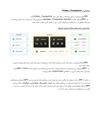 ‫از‬ ‫پشتیبانی‬
Tracepoints
‫و‬
Probes
BPF
‫مانند‬ ‫کرنل‬ ‫سطح‬ ‫در‬ ‫رویدادها‬ ‫ردیابی‬ ‫از‬ ‫پشتیبانی‬ ‫هیچ‬
Tracepoints
‫و‬
Probes
.‫ندارد‬
‫اما‬
eBPF
‫از‬ ‫کامل‬ ‫طور‬ ‫به‬
Tracepoints، Kprobes
‫و‬
Uprobes
‫که‬ ‫‌دهند‬
‫ی‬‫م‬ ‫اجازه‬ ‫شما‬ ‫به‬ ‫ابزارها‬ ‫این‬ .‫‌کند‬
‫ی‬‫م‬ ‫پشتیبانی‬
.‫باشید‬ ‫داشته‬ ‫نظارت‬ ‫کاربری‬ ‫فضای‬ ‫در‬ ‫حتی‬ ‫و‬ ‫کرنل‬ ‫رویدادهای‬ ،‫‌ها‬
‫ل‬‫‌کا‬
‫م‬‫سیست‬ ‫در‬ ‫مختلفی‬ ‫نقاط‬ ‫روی‬
‫پیشرفته‬ ‫امنیتی‬ ‫و‬ ‫شبکه‬ ‫‌های‬
‫ت‬‫سیاس‬ ‫‌سازی‬
‫ه‬‫پیاد‬
BPF
‫یا‬ ‫امنیتی‬ ‫پیچیده‬ ‫‌های‬
‫ت‬‫سیاس‬ ‫‌سازی‬
‫ه‬‫پیاد‬ ‫برای‬ ‫‌توانست‬
‫ی‬‫نم‬ ‫و‬ ‫داشت‬ ‫شبکه‬ ‫‌های‬
‫ه‬‫بست‬ ‫کردن‬ ‫فیلتر‬ ‫زمینه‬ ‫در‬ ‫‌هایی‬
‫ت‬‫قابلی‬ ‫فقط‬
.‫شود‬ ‫استفاده‬ ‫شبکه‬
‫اما‬
eBPF
‫مانند‬ ‫ابزارهایی‬ .‫شود‬ ‫استفاده‬ ‫امنیتی‬ ‫و‬ ‫شبکه‬ ‫پیچیده‬ ‫‌های‬
‫ت‬‫سیاس‬ ‫‌سازی‬
‫ه‬‫پیاد‬ ‫برای‬ ‫‌تواند‬
‫ی‬‫م‬
Cilium
‫از‬
eBPF
‫برای‬
‫‌های‬
‫ه‬‫شبک‬ ‫در‬ ‫امنیتی‬ ‫‌های‬
‫ت‬‫سیاس‬ ‫‌سازی‬
‫ه‬‫پیاد‬
Kubernetes
.‫‌کنند‬
‫ی‬‫م‬ ‫استفاده‬
‫که‬ ‫حالی‬ ‫در‬
BPF
،‫بود‬ ‫شده‬ ‫طراحی‬ ‫شبکه‬ ‫‌های‬
‫ه‬‫بست‬ ‫کردن‬ ‫فیلتر‬ ‫برای‬ ‫ساده‬ ‫مکانیزم‬ ‫یک‬ ‫عنوان‬ ‫به‬ ‫ابتدا‬ ‫در‬
eBPF
‫و‬ ‫‌یافته‬
‫ه‬‫توسع‬ ‫‌ای‬
‫ه‬‫نسخ‬
‫مانند‬ ‫مختلف‬ ‫‌های‬
‫ه‬‫زمین‬ ‫در‬ ‫‌ای‬
‫ه‬‫گسترد‬ ‫‌طور‬
‫ه‬‫ب‬ ‫که‬ ‫است‬ ‫قدرتمندتر‬
‫امنیت‬
،
‫مانیتورینگ‬
،
‫‌سازی‬
‫ه‬‫شبک‬
‫و‬
‫دیباگینگ‬
.‫‌شود‬
‫ی‬‫م‬ ‫استفاده‬
eBPF
‫و‬ ‫مدیریت‬ ‫در‬ ‫کلیدی‬ ‫ابزار‬ ‫یک‬ ‫به‬ ،‫باال‬ ‫ایمنی‬ ‫تأیید‬ ‫و‬ ،‫کرنل‬ ‫تغییرات‬ ‫به‬ ‫نیاز‬ ‫بدون‬ ‫کرنل‬ ‫در‬ ‫اجرا‬ ‫توانایی‬ ،‫‌پذیری‬
‫ف‬‫انعطا‬ ‫لطف‬ ‫به‬
.‫است‬ ‫شده‬ ‫تبدیل‬ ‫لینوکس‬ ‫مدرن‬ ‫‌های‬
‫م‬‫سیست‬ ‫بر‬ ‫نظارت‬
 