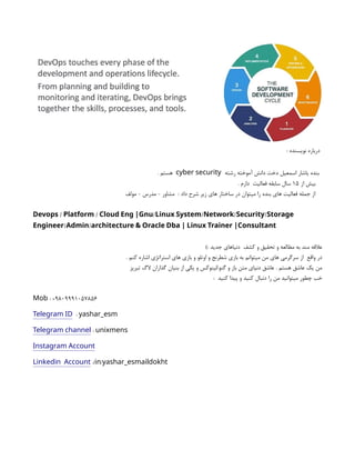 : ‫نویسنده‬ ‫درباره‬
‫رشته‬ ‫آموخته‬ ‫دانش‬ ‫دخت‬ ‫اسمعیل‬ ‫یاشار‬ ‫بنده‬
cyber security
. ‫هستم‬
‫از‬ ‫بیش‬
۱۵
. ‫دارم‬ ‫فعالیت‬ ‫سابقه‬ ‫سال‬
‫مولف‬ - ‫مدرس‬ - ‫مشاور‬ : ‫داد‬ ‫شرح‬ ‫زیر‬ ‫های‬ ‫ساختار‬ ‫در‬ ‫میتوان‬ ‫را‬ ‫بنده‬ ‫های‬ ‫فعالیت‬ ‫جمله‬ ‫از‬
/ / / / / /
Devops Platform Cloud Eng |Gnu Linux System Network Security Storage
/ /
Engineer Admin architecture & Oracle Dba | Linux Trainer |Consultant
): ‫جدید‬ ‫دنیاهای‬ ‫کشف‬ ‫و‬ ‫تحقیق‬ ‫و‬ ‫مطالعه‬ ‫به‬ ‫مند‬ ‫عالقه‬
. ‫کنم‬ ‫اشاره‬ ‫استراتژی‬ ‫های‬ ‫بازی‬ ‫و‬ ‫اوتلو‬ ‫و‬ ‫شطرنج‬ ‫بازی‬ ‫به‬ ‫میتوانم‬ ‫من‬ ‫های‬ ‫سرگرمی‬ ‫از‬ ‫واقع‬ ‫در‬
‫تبریز‬ ‫الگ‬ ‫گذاران‬ ‫بنیان‬ ‫از‬ ‫یکی‬ ‫و‬ ‫لینوکس‬/‫گنو‬ ‫و‬ ‫باز‬ ‫متن‬ ‫دنیای‬ ‫عاشق‬ . ‫هستم‬ ‫عاشق‬ ‫یک‬ ‫من‬
: ‫کنید‬ ‫پیدا‬ ‫و‬ ‫کنید‬ ‫دنبال‬ ‫را‬ ‫من‬ ‫میتوانید‬ ‫چطور‬ ‫خب‬
: +9809991057856
Mob
Telegram ID : yashar_esm
Telegram channel : unixmens
Instagram Account
Linkedin Account :/ /
in yashar_esmaildokht
 