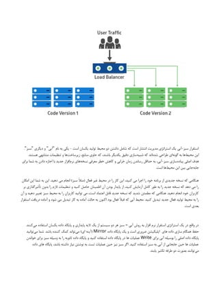 . ‫سبز‬ ‫دیگری‬ ‫و‬ ‫آبی‬ ‫نام‬ ‫به‬ ‫یکی‬ - ‫است‬ ‫یکسان‬ ‫تولید‬ ‫محیط‬ ‫دو‬ ‫داشتن‬ ‫شامل‬ ‫که‬ ‫است‬ ‫انتشار‬ ‫مدیریت‬ ‫استراتژی‬ ‫یک‬ ‫آبی‬-‫سبز‬ ‫استقرار‬
" " " "
.‫هستند‬ ‫مشابهی‬ ‫تنظیمات‬ ‫و‬ ‫‌ها‬
‫ت‬‫زیرساخ‬ ،‫منابع‬ ‫حاوی‬ ‫که‬ ،‫باشند‬ ‫یکدیگر‬ ‫دقیق‬ ‫‌سازی‬
‫ه‬‫شبی‬ ‫که‬ ‫‌اند‬
‫ه‬‫شد‬ ‫طراحی‬ ‫‌ای‬
‫ه‬‫گون‬ ‫به‬ ‫‌ها‬
‫ط‬‫محی‬ ‫این‬
‫برای‬ ‫شما‬ ‫به‬ ‫دادن‬ ‫اجازه‬ ‫با‬ ‫جدید‬ ‫‌افزار‬
‫م‬‫نر‬ ‫‌های‬
‫ه‬‫نسخ‬ ‫معرفی‬ ‫خطر‬ ‫کاهش‬ ‫و‬ ‫خرابی‬ ‫زمان‬ ‫رساندن‬ ‫حداقل‬ ‫به‬ ،‫آبی‬-‫سبز‬ ‫‌سازی‬
‫ه‬‫پیاد‬ ‫اصلی‬ ‫هدف‬
.‫است‬ ‫‌ها‬
‫ط‬‫محی‬ ‫این‬ ‫بین‬ ‫‌جایی‬
‫ه‬‫جاب‬
‫امکان‬ ‫این‬ ‫شما‬ ‫به‬ ‫این‬ .‫دهید‬ ‫می‬ ‫انجام‬ )‫سبز‬ ‫(مثًال‬ ‫فعال‬ ‫غیر‬ ‫محیط‬ ‫در‬ ‫را‬ ‫کار‬ ‫این‬ ،‫کنید‬ ‫می‬ ‫اجرا‬ ‫را‬ ‫خود‬ ‫برنامه‬ ‫از‬ ‫جدیدی‬ ‫نسخه‬ ‫که‬ ‫هنگامی‬
‫بر‬ ‫تأثیرگذاری‬ ‫بدون‬ ‫را‬ ‫الزم‬ ‫تنظیمات‬ ‫و‬ ‫کنید‬ ‫حاصل‬ ‫اطمینان‬ ‫آن‬ ‫بودن‬ ‫پایدار‬ ‫از‬ ،‫کنید‬ ‫آزمایش‬ ‫کامل‬ ‫طور‬ ‫به‬ ‫را‬ ‫جدید‬ ‫نسخه‬ ‫که‬ ‫دهد‬ ‫می‬ ‫را‬
‫آن‬ ‫و‬ ‫دهید‬ ‫تغییر‬ ‫سبز‬ ‫محیط‬ ‫به‬ ‫را‬ ‫کاربران‬ ‫توانید‬ ‫می‬ ،‫است‬ ‫اعتماد‬ ‫قابل‬ ‫جدید‬ ‫نسخه‬ ‫که‬ ‫شدید‬ ‫مطمئن‬ ‫که‬ ‫هنگامی‬ .‫دهید‬ ‫انجام‬ ‫خود‬ ‫کاربران‬
‫استقرار‬ ‫دریافت‬ ‫آماده‬ ‫و‬ ‫شود‬ ‫می‬ ‫تبدیل‬ ‫کار‬ ‫به‬ ‫آماده‬ ‫حالت‬ ‫به‬ ‫اکنون‬ ‫بود‬ ‫فعال‬ ‫قبًال‬ ‫که‬ ‫آبی‬ ‫محیط‬ .‫کنید‬ ‫تبدیل‬ ‫جدید‬ ‫فعال‬ ‫تولید‬ ‫محیط‬ ‫به‬ ‫را‬
.‫است‬ ‫بعدی‬
.‫‌کنند‬
‫ی‬‫م‬ ‫استفاده‬ ‫یکسان‬ ‫داده‬ ‫پایگاه‬ ‫و‬ ‫پایداری‬ ‫الیه‬ ‫یک‬ ‫از‬ ‫سیستم‬ ‫دو‬ ‫هر‬ ‫سبز‬ ‫آبی‬ ‫روش‬ ‫به‬ ‫افزار‬ ‫نرم‬ ‫استقرار‬ ‫استراتژی‬ ‫یک‬ ‫در‬ ‫واقع‬ ‫در‬
–
‫های‬ ‫داده‬ ‫سازی‬ ‫همگام‬ ‫حفظ‬
‫داده‬ ‫پایگاه‬ ‫یک‬ ‫و‬ ‫است‬ ‫ضروری‬ ‫اپلیکیشن‬
Mirror
‫‌توانید‬
‫ی‬‫م‬ ‫شما‬ .‫باشد‬ ‫کننده‬ ‫کمک‬ ‫‌تواند‬
‫ی‬‫م‬ )‌
‫ی‬‫ا‬ ‫(آینه‬
‫برای‬ ‫آبی‬ ‫بوسیله‬ ‫را‬ ‫اصلی‬ ‫داده‬ ‫پایگاه‬
Write
‫خواندن‬ ‫برای‬ ‫سبز‬ ‫وسیله‬ ‫به‬ ‫را‬ ‫ثانویه‬ ‫داده‬ ‫پایگاه‬ ‫و‬ ‫کنید‬ ‫استفاده‬ ‫داده‬ ‫پایگاه‬ ‫در‬ ‫ها‬ ‫عملیات‬
‫داده‬ ‫های‬ ‫پایگاه‬ ،‫باشد‬ ‫داشته‬ ‫نیاز‬ ‫نوشتن‬ ‫به‬ ‫تست‬ ‫عملیات‬ ‫حین‬ ‫نیز‬ ‫سبز‬ ‫اگر‬ .‫کنید‬ ‫استفاده‬ ‫سبز‬ ‫به‬ ‫آبی‬ ‫از‬ ‫جابجایی‬ ‫حین‬ ‫ها‬ ‫عملیات‬
.‫یابند‬ ‫تکثیر‬ ‫طرفه‬ ‫دو‬ ‫بصورت‬ ‫‌توانند‬
‫ی‬‫م‬
 