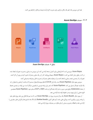 .‫کنند‬ ‫می‬ ‫فراهم‬ ‫را‬ ‫افزار‬ ‫نرم‬ ‫توسعه‬ ‫فرآیند‬ ‫کل‬ ‫مدیریت‬ ‫برای‬ ‫مرکزی‬ ‫مکان‬ ‫یک‬ ‫هم‬ ‫با‬ ‫ها‬ ‫سرویس‬ ‫این‬ ‫همه‬
2-2
-
‫خدمات‬
Azure DevOps
‫شکل‬
7
‫خدمات‬ :
Azure DevOps
Azure Repos
‫شده‬ ‫ایجاد‬ ‫تغییرات‬ ‫مدیریت‬ ‫و‬ ‫ردیابی‬ ‫به‬ ‫سرویس‬ ‫این‬ .‫کند‬ ‫می‬ ‫ارائه‬ ‫نسخه‬ ‫کنترل‬ ‫برای‬ ‫ابزارهایی‬ ‫که‬ ‫است‬ ‫سرویسی‬
‫با‬ .‫کند‬ ‫می‬ ‫کمک‬ ‫زمان‬ ‫طول‬ ‫در‬ ‫کد‬ ‫در‬
Azure Repos
،‫کنند‬ ‫کار‬ ‫آن‬ ‫روی‬ ‫و‬ ‫کرده‬ ‫ذخیره‬ ‫مشترک‬ ‫مخزن‬ ‫یک‬ ‫در‬ ‫را‬ ‫کد‬ ‫‌توانند‬
‫ی‬‫م‬ ‫‌ها‬
‫م‬‫تی‬ ،
.‫کنند‬ ‫پشتیبانی‬ ‫پیشرفته‬ ‫فایل‬ ‫مدیریت‬ ‫و‬ ‫مشترک‬ ‫‌های‬
‫ت‬‫درخواس‬ ‫از‬ ‫و‬ ،‫کنند‬ ‫ادغام‬ ‫و‬ ‫ردیابی‬ ‫شعبه‬ ‫چندین‬ ‫از‬ ‫را‬ ‫تغییرات‬
‫دیگر‬ ‫مهم‬ ‫سرویس‬
Azure Pipelines
‫ابزار‬ ‫یک‬ ،‫است‬
CI/CD
‫به‬ ‫را‬ ‫استقرار‬ ‫و‬ ‫آزمایش‬ ،‫ساخت‬ ‫که‬ )‫مستمر‬ ‫استقرار‬/‫پیوسته‬ ‫(ادغام‬
.‫کند‬ ‫می‬ ‫تبدیل‬ ‫خودکار‬ ‫قرایند‬ ‫یک‬
Azure Pipelines
‫محیط‬ ‫چندین‬ ‫در‬ ‫تواند‬ ‫می‬ ،‫است‬ ‫سازگار‬ ‫پلتفرمی‬ ‫یا‬ ‫نویسی‬ ‫برنامه‬ ‫زبان‬ ‫هر‬ ‫با‬ ‫که‬
‫جمله‬ ‫از‬
Kubernetes
‫مانند‬ ‫ابر‬ ‫دهندگان‬ ‫ارائه‬ ‫سایر‬ ‫و‬ ‫سرور‬ ‫بدون‬ ‫توابع‬ ،
AWS
‫یا‬
GCP
.‫شود‬ ‫مستقر‬
Azure Pipelines
‫همچنین‬
.‫دهد‬ ‫می‬ ‫ارائه‬ ‫شما‬ ‫لوله‬ ‫خطوط‬ ‫بیشتر‬ ‫بهبود‬ ‫برای‬ ‫را‬ ‫هایی‬ ‫افزونه‬
،‫دیگر‬ ‫سوی‬ ‫از‬
Azure Boards
‫در‬ ‫پروژه‬ ‫مدیریت‬ ‫مرکز‬ ‫یک‬
Azure DevOps
‫خود‬ ‫های‬ ‫پروژه‬ ‫دهد‬ ‫می‬ ‫امکان‬ ‫ها‬ ‫تیم‬ ‫به‬ ‫که‬ ‫است‬
،‫کاری‬ ‫های‬ ‫آیتم‬ ‫مانند‬ ‫هایی‬ ‫ویژگی‬ .‫کنند‬ ‫پیگیری‬ ‫و‬ ‫ریزی‬ ‫برنامه‬ ‫را‬
Kanban boards
‫را‬ ‫سفارشی‬ ‫های‬ ‫گزارش‬ ‫و‬ ‫داشبوردها‬ ،‫ها‬ ‫الگ‬ ‫بک‬ ،
.‫دهد‬ ‫می‬ ‫ارائه‬ ‫پروژه‬ ‫پیشرفت‬ ‫بر‬ ‫نظارت‬ ‫برای‬ ‫را‬ ‫بینش‬ ‫و‬ ‫پذیری‬ ‫انعطاف‬ ‫و‬ ‫دهد‬ ‫می‬ ‫ارائه‬
 