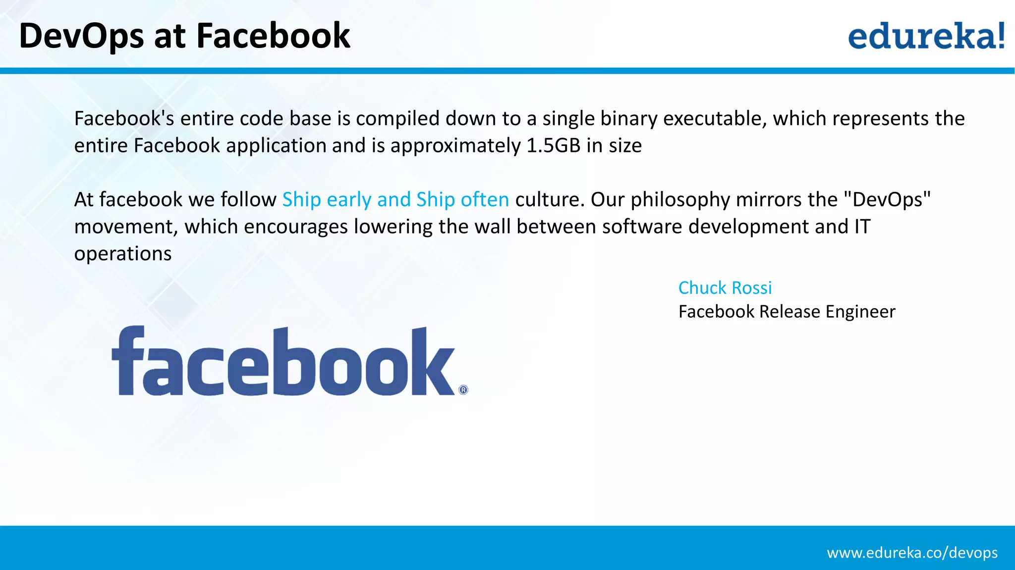 www.edureka.co/devops
DevOps at Facebook
Facebook's entire code base is compiled down to a single binary executable, which represents the
entire Facebook application and is approximately 1.5GB in size
At facebook we follow Ship early and Ship often culture. Our philosophy mirrors the "DevOps"
movement, which encourages lowering the wall between software development and IT
operations
Chuck Rossi
Facebook Release Engineer
 
