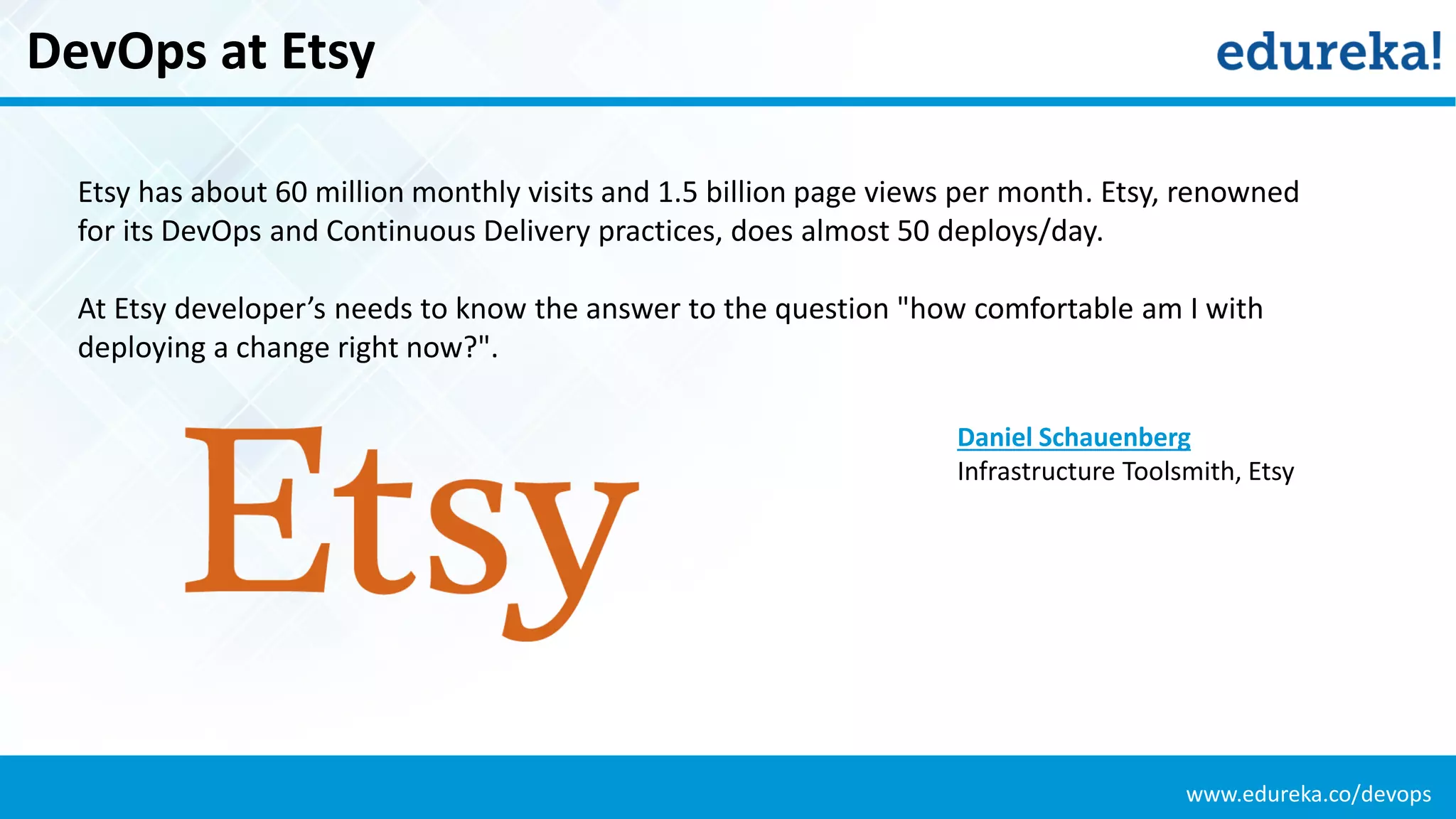 www.edureka.co/devops
DevOps at Etsy
Etsy has about 60 million monthly visits and 1.5 billion page views per month. Etsy, renowned
for its DevOps and Continuous Delivery practices, does almost 50 deploys/day.
At Etsy developer’s needs to know the answer to the question "how comfortable am I with
deploying a change right now?".
Daniel Schauenberg
Infrastructure Toolsmith, Etsy
 