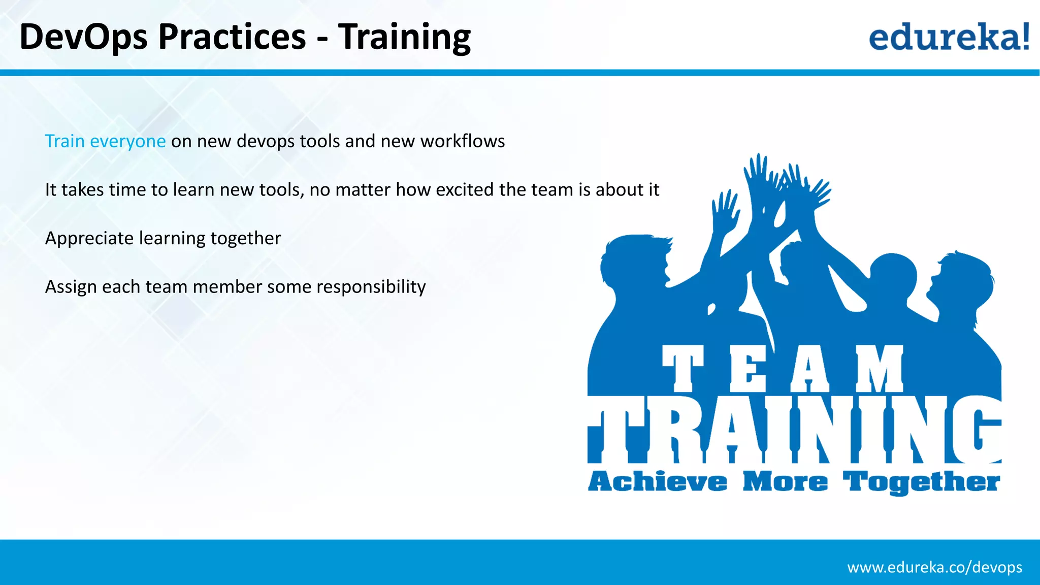www.edureka.co/devops
DevOps Practices - Training
Train everyone on new devops tools and new workflows
It takes time to learn new tools, no matter how excited the team is about it
Appreciate learning together
Assign each team member some responsibility
 